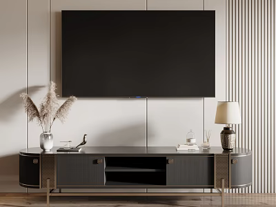 Modern TV Stand With TV Decorative Pampas Grass Table Lamp And Striped Wall 3d model