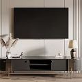 Modern TV Stand With TV Decorative Pampas Grass Table Lamp And Striped Wall