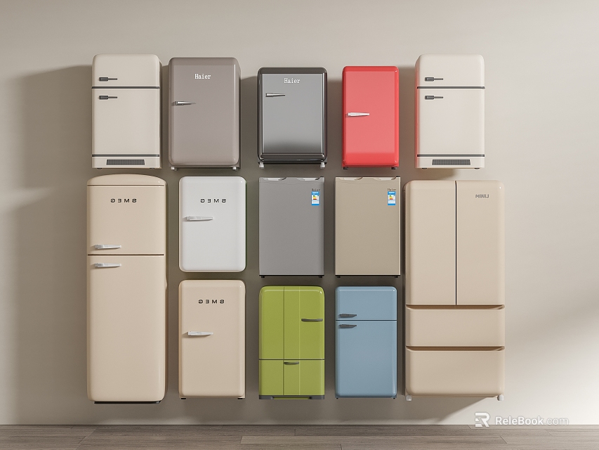 Colorful Assorted Refrigerators and Freezers in Wall Display for Modern Kitchens 3d model 