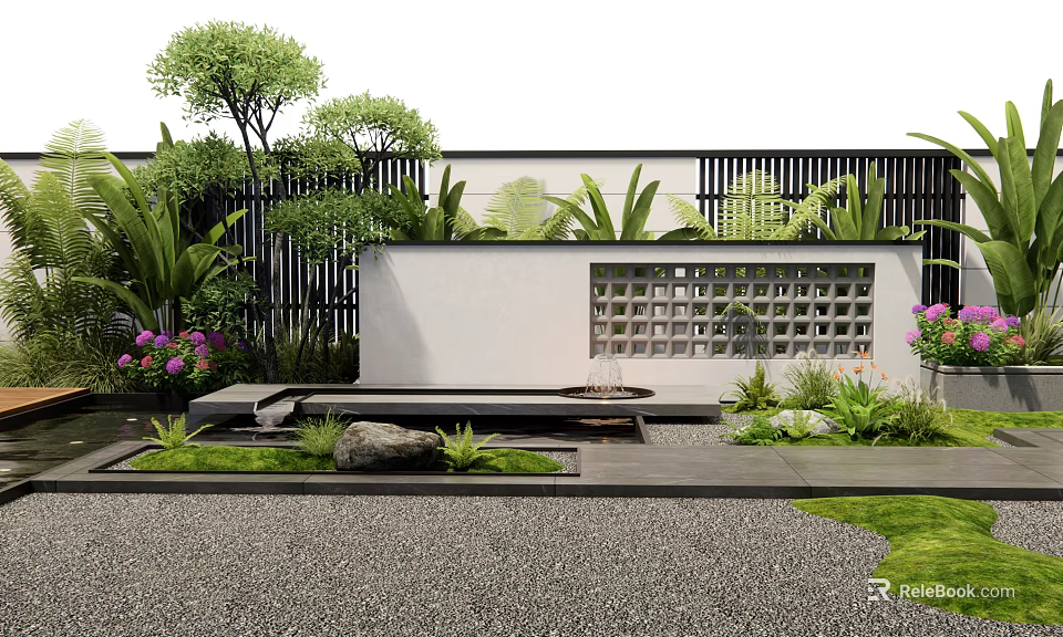 Modern Landscape Wall Design With Lattice Panel Green Plants Gravel Path And Decorative Stones 3d model 