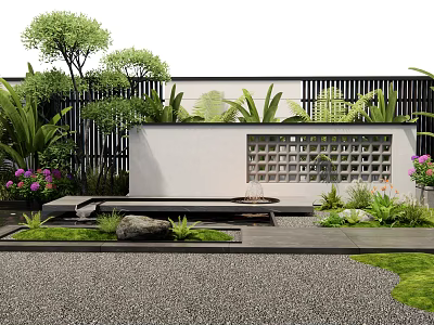 Modern Landscape Wall Design With Lattice Panel Green Plants Gravel Path And Decorative Stones 3d model