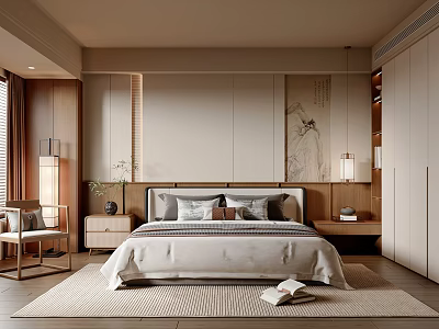 Modern Bedroom Interior Design With Bed Wooden Nightstand Table Lamp Rug And Wardrobe 3d model