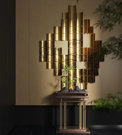 Golden Textured Wall Decor With Columnar Design And Small Table With Plant Stones 3d model