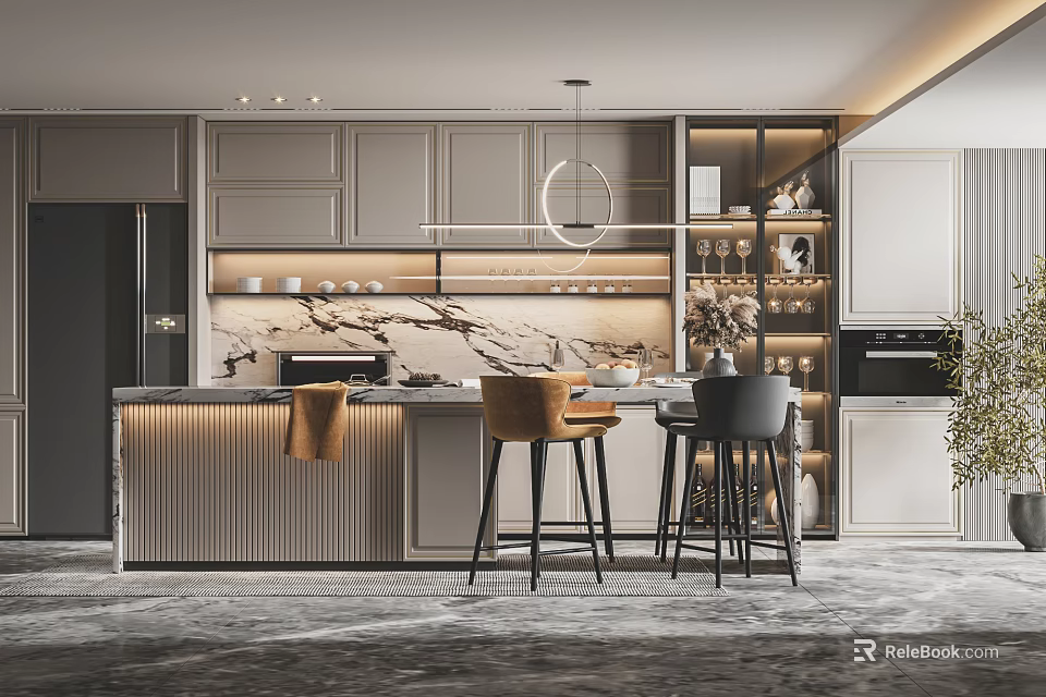 Modern Open Kitchen Interior With Marble Island Counter Cabinets and Bar Stools 3d model 