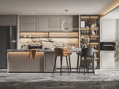 Modern Open Kitchen Interior With Marble Island Counter Cabinets and Bar Stools 3d model