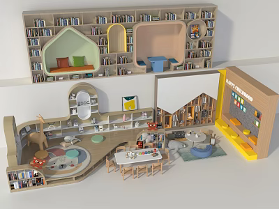 Vibrant Kindergarten Classroom With Bookshelves Reading Corners And Playful Learning Spaces 3d model