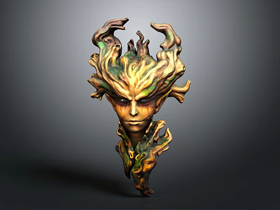 Fantasy Game Movie Character Head With Floral Flame Like Ornaments And Gold Green Brown Textured Surface 3d model