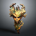 Fantasy Game Movie Character Head With Floral Flame Like Ornaments And Gold Green Brown Textured Surface