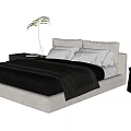Modern Double Bed Design With Black Gray Bedding Multiple Pillows And Potted Plant 3d model