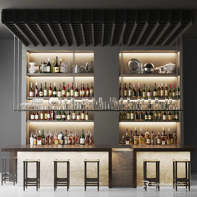 Well Stocked Bar Interior With Glass Shelves Bottles Glasses And Stools 3d model 
