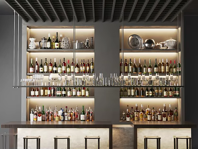 Well Stocked Bar Interior With Glass Shelves Bottles Glasses And Stools 3d model