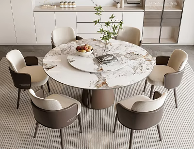 Modern Light Luxury Round Sintered Stone Dining Table Set With Six Comfortable Upholstered Chairs 3d model