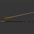 Ornate Decorative Sword With Golden Accents Blue Blade Red Hilt And Brown Leather Scabbard Straps