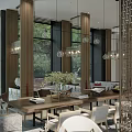 Modern Luxury Sales Office Interior Design With Large Windows Blinds Pendant Lights And Green Plants