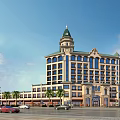 Classical Style Hotel Building With Tower Dome Arched Windows And Palm Trees 3d model