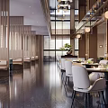 Elegant Modern Restaurant Interior With Dining Tables Chairs Pendant Lights And Marble Flooring