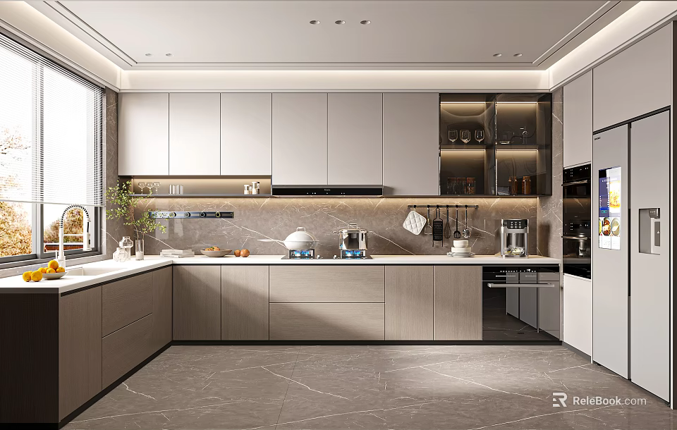 Elegant Modern Kitchen Interior Design With Light Wood Cabinets Island Counter And Appliances 3d model 