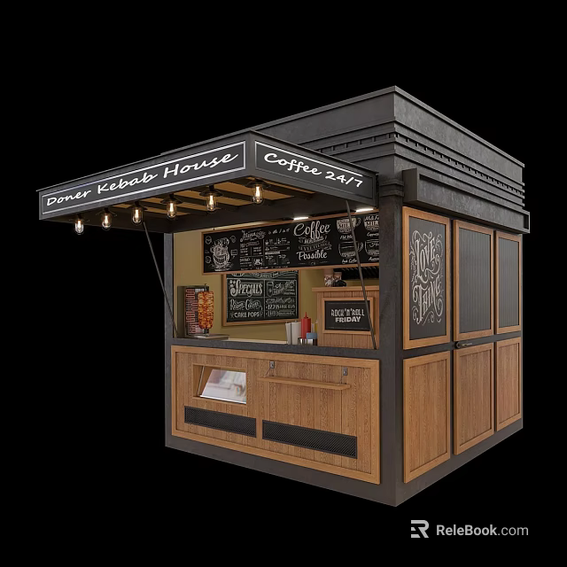 Mall Coffee Kiosk Featuring Wooden Counter Blackboard Menu And Hanging Lights 3d model 