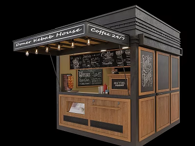 Mall Coffee Kiosk Featuring Wooden Counter Blackboard Menu And Hanging Lights 3d model