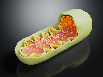 3D Model of Organelle with Light Green Outer Layer Pink Inner Structure and Yellow Particles 3d model