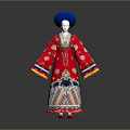 Traditional Red Embroidered Robe Costume With Blue Hat And Colorful Decorative Trim