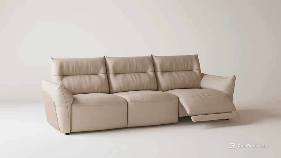 Stylish Beige Leather Three Seater Sofa With Recliner Function And Modern Design 3d model 