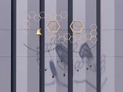 Gray Wall Decor With Golden Hexagons And Bell Hanging Decorations And Shadows 3d model