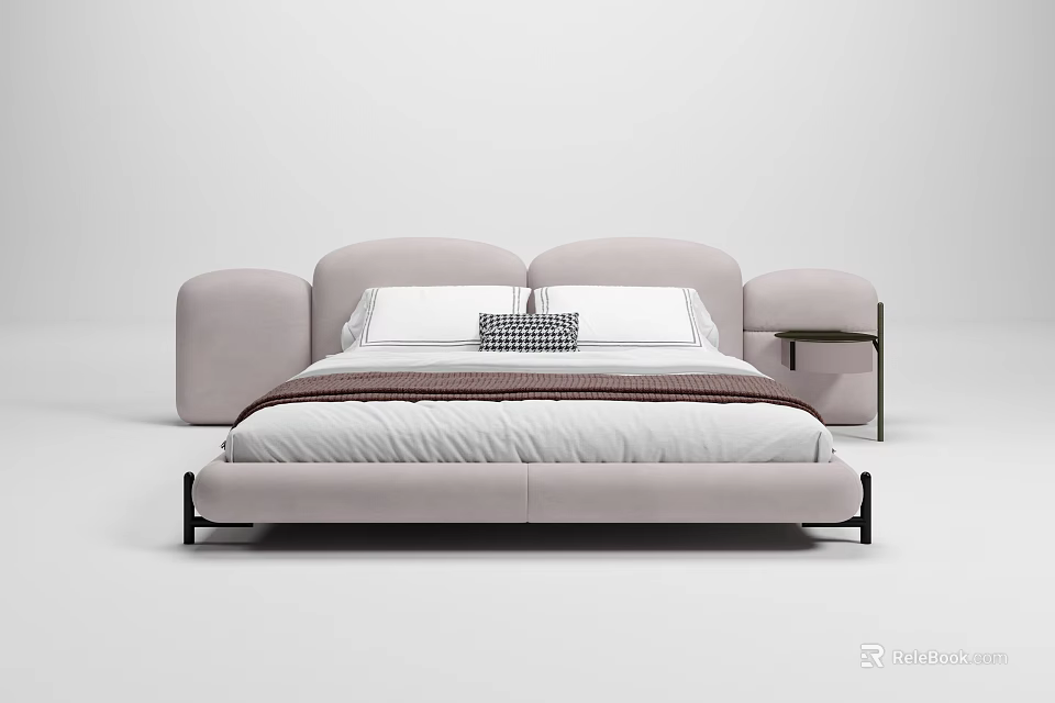 Modern Upholstered Double Bed with Soft Curved Headboard and Side Nightstand 3d model 