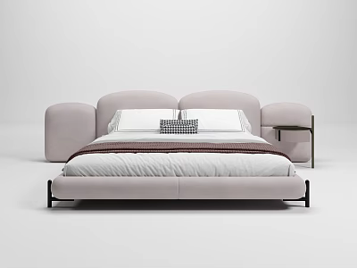 Modern Upholstered Double Bed with Soft Curved Headboard and Side Nightstand 3d model