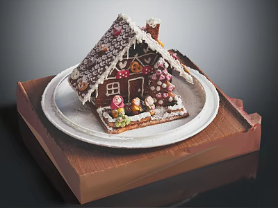 Festive Colorful Gingerbread House Decorated With Icing Candies On White Plate Wooden Base 3d model