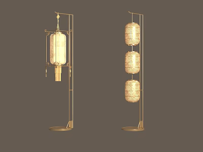 Two Elegant Modern Floor Lamps With Lantern Shaped Shades And Metal Frames 3d model