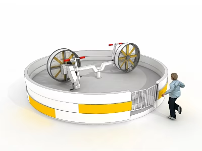 Round Play Structure with Yellow White Stripes Large Wheels Mechanical Parts and Boy Entering 3d model
