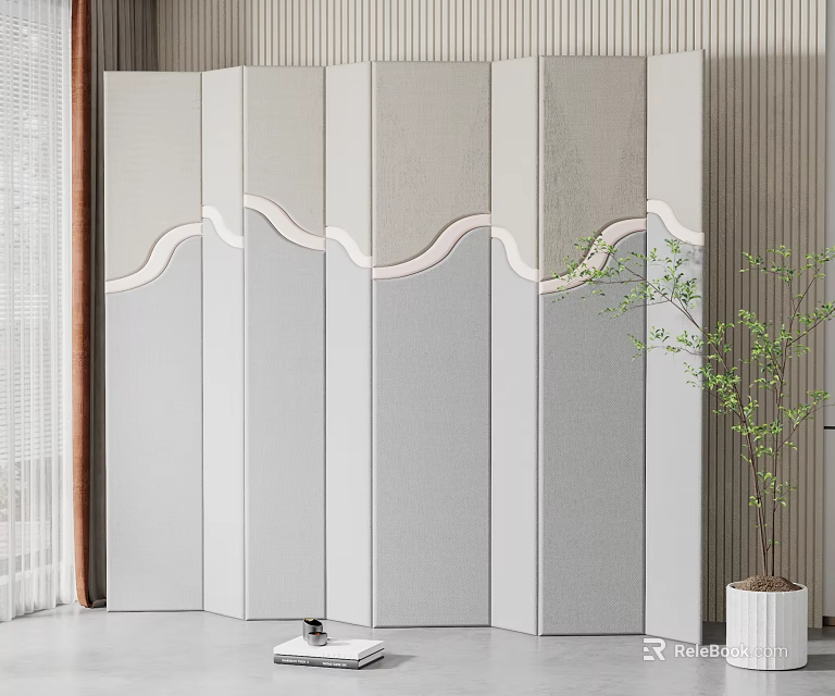 Elegant Light Gray Folding Screen with Wavy White Lines for Modern Interior and Green Plant 3d model 