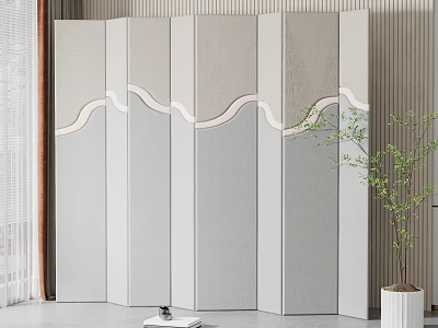 Elegant Light Gray Folding Screen with Wavy White Lines for Modern Interior and Green Plant 3d model