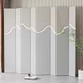 Elegant Light Gray Folding Screen with Wavy White Lines for Modern Interior and Green Plant