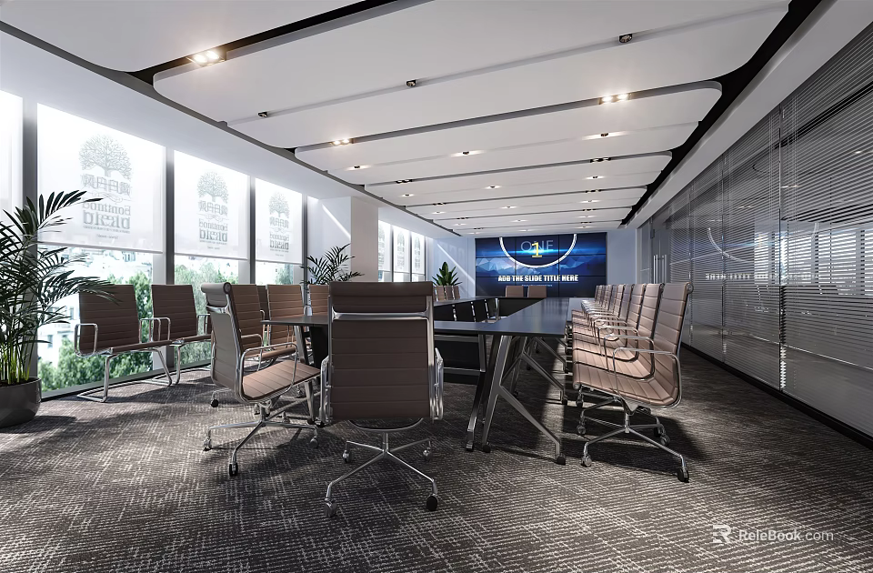 Modern Conference Room with Large Table Multiple Chairs Floor to Ceiling Windows and Projection Screen 3d model