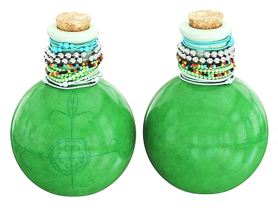 Green Ceramic Vessels With Hand Painted Patterns And Cork Stoppers Decorated With Colorful Beads 3d model