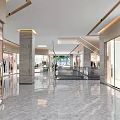 Modern Lobby Front Desk Reception With Escalator Glass Doors And Marble Floor