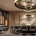 Traditional Chinese Private Dining Room Interior With Round Pendant Lights Landscape Painting And Round Table
