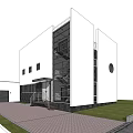 Modern Detached House With White Exterior Large Glass Windows Steps And Green Lawn