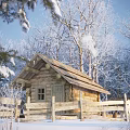 Sauna Cabin In Snowy Forest With Wooden Fence