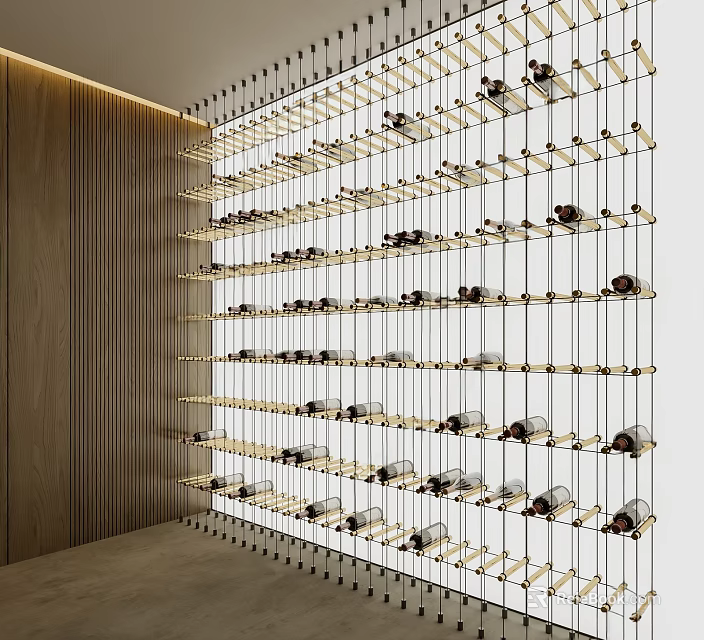 Modern Wall Wine Rack With Multiple Shelves And Arranged Bottles 3d model 