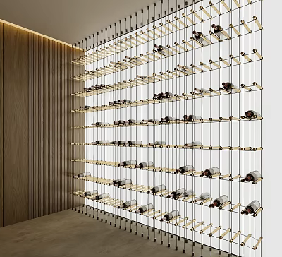 Modern Wall Wine Rack With Multiple Shelves And Arranged Bottles 3d model