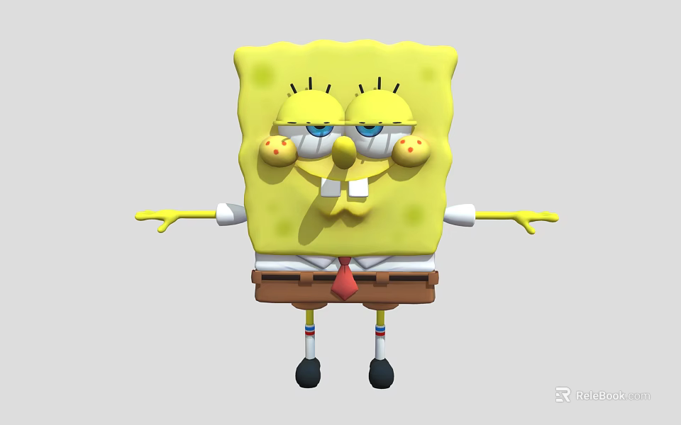 Yellow Square Smiling With Big Eyes Brown Shorts White Shirt Red Tie And Outstretched Arms 3d model 
