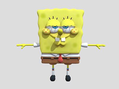 Yellow Square Smiling With Big Eyes Brown Shorts White Shirt Red Tie And Outstretched Arms 3d model