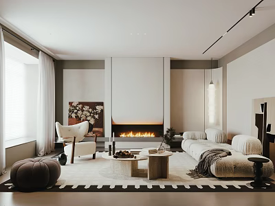 Modern Living Room With Fireplace Comfortable Sofa Pendant Lights And Decorative Art 3d model
