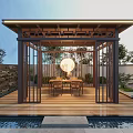 Traditional Chinese Pavilion Garden Space With Wooden Tables Chairs Green Plants And Water