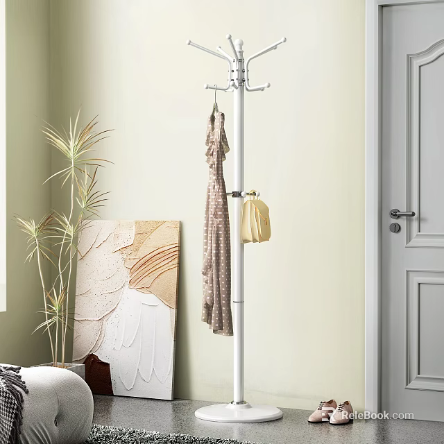 Modern Standing Coat Rack With Hanging Dress Yellow Handbag Indoor Plant And Abstract Painting 3d model 