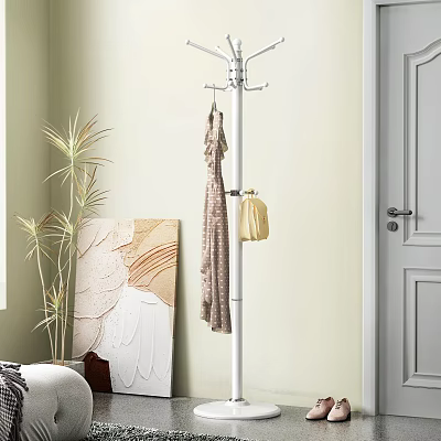 Modern Standing Coat Rack With Hanging Dress Yellow Handbag Indoor Plant And Abstract Painting 3d model