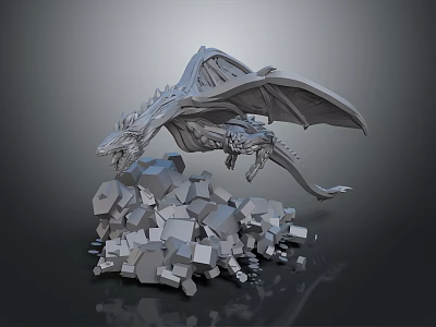 Detailed Silver Dragon Sculpture Perched On Irregular Silver Blocks 3d model